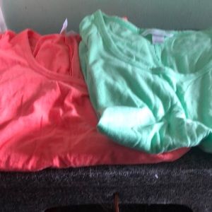 - Scoop neck tee’s 2 one green and one coral-pink